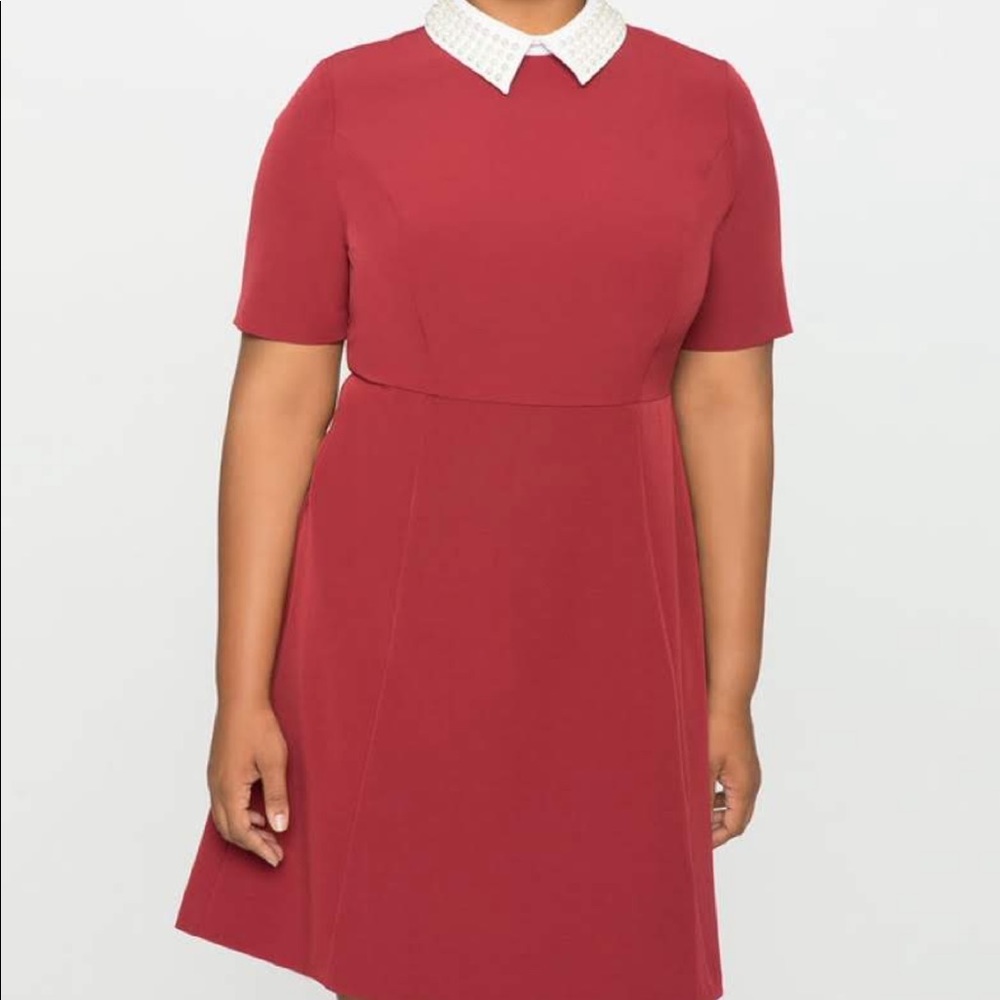 Eloquii dark red shift dress with pearl collar